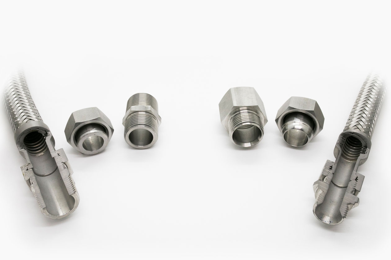 Left side: flat-sealing fitting / Right side: 60° screw fitting with ball-type bushing